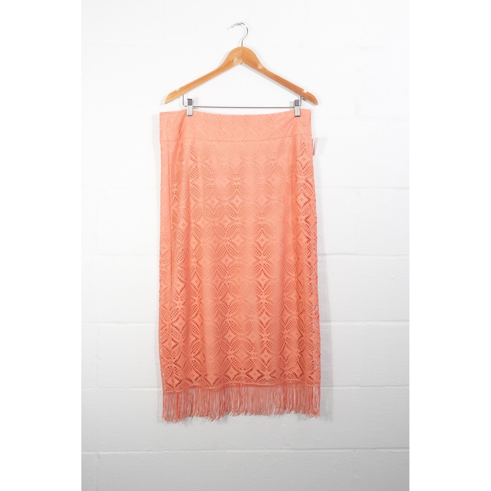 Cato‎ Crochet Lace Midi Skirt Women Size 14 Coral Peach Fringe Hem Boho